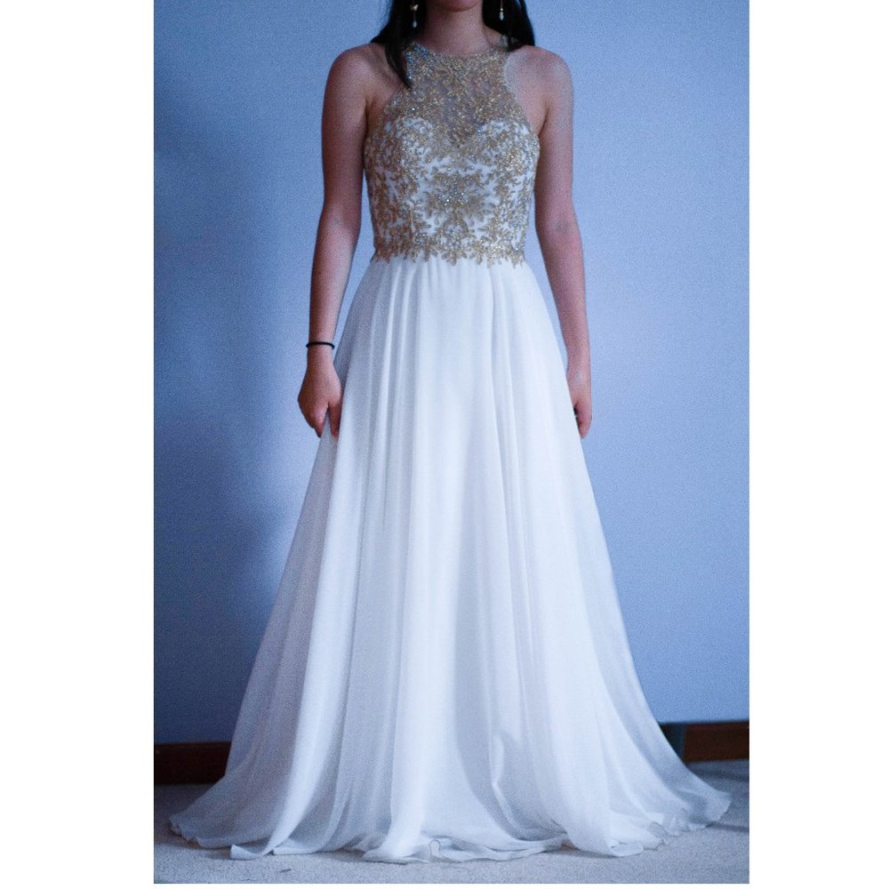 White and Gold Sequin Formal Party Prom Dress